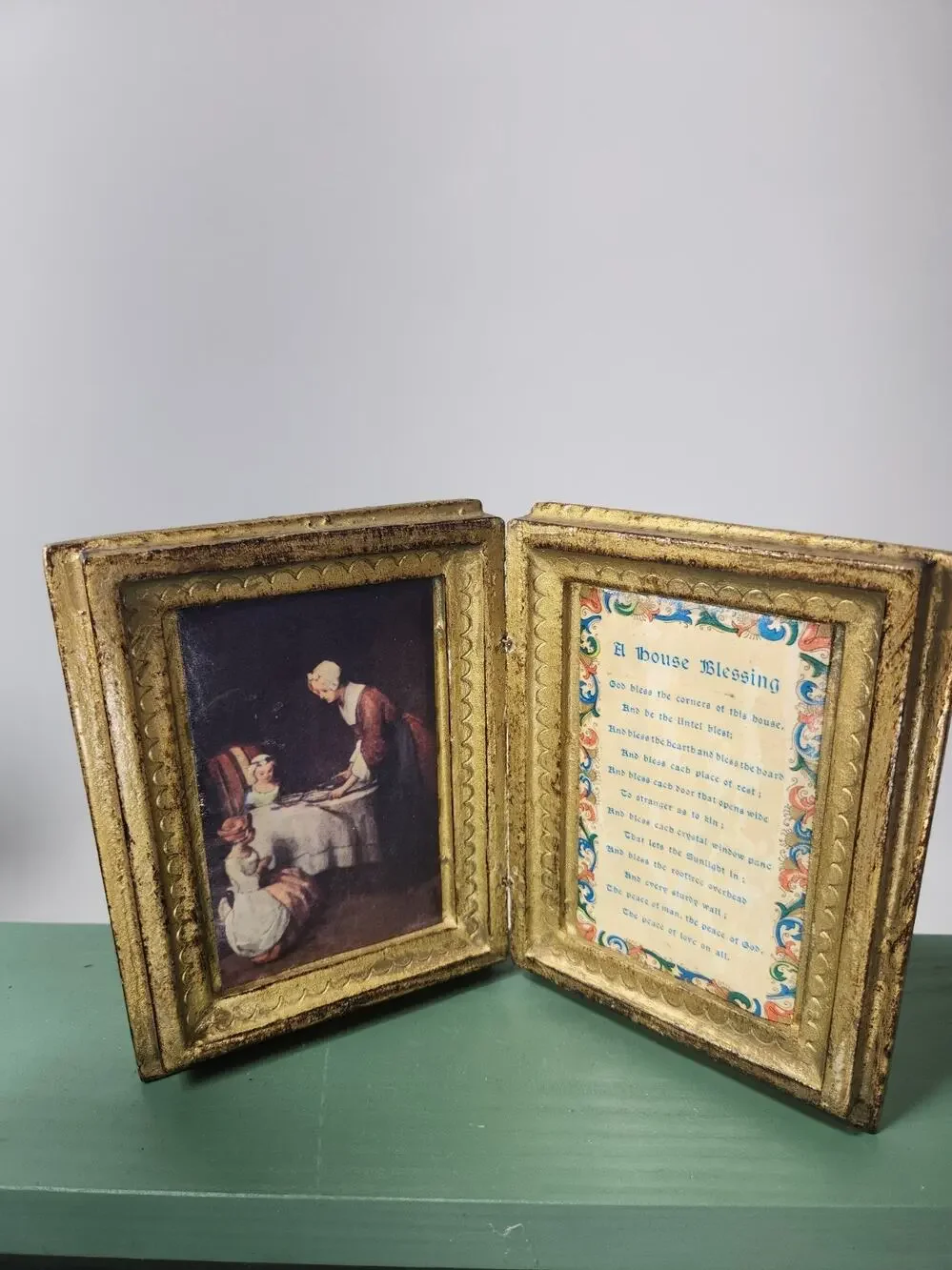 Gilt Wood Hinged Double Picture Frame A House Blessing Florentine Style 5x7